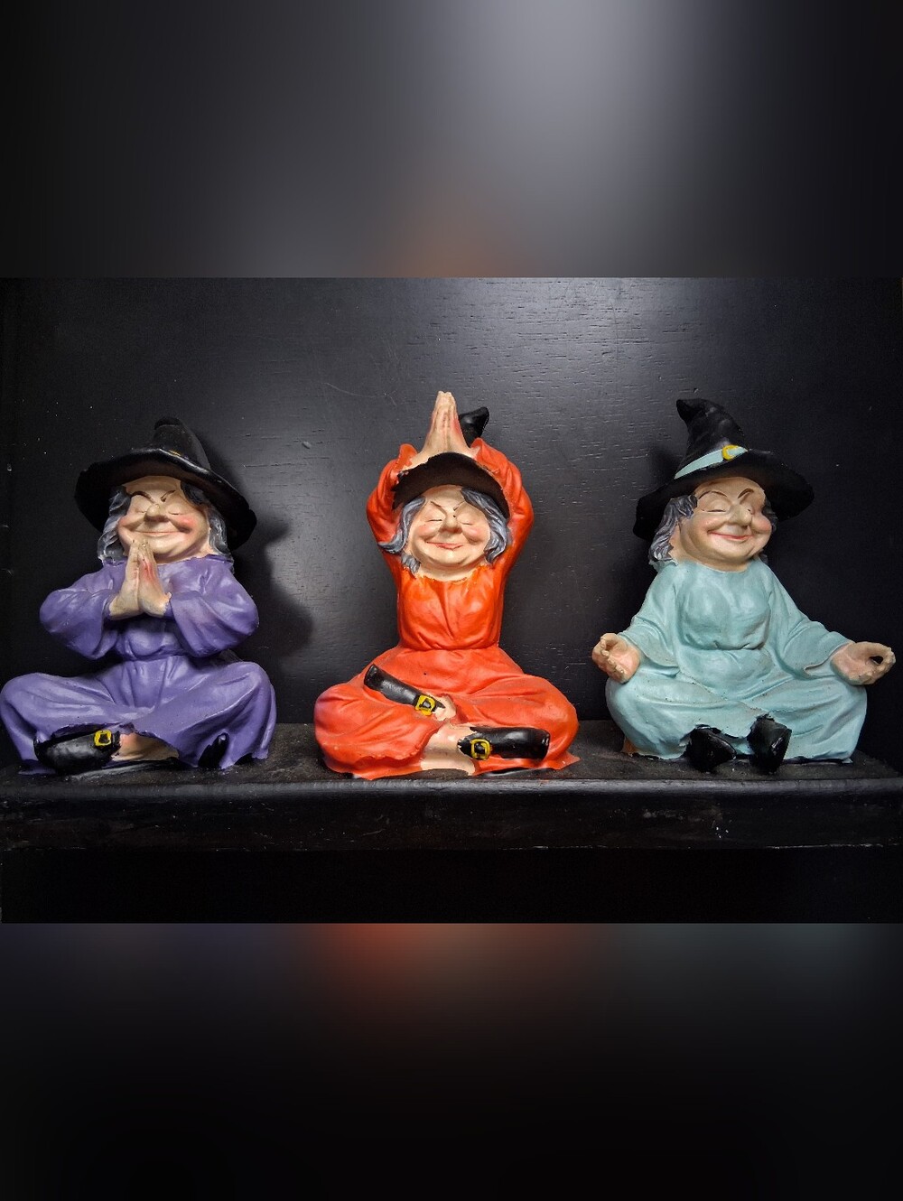 Three Meditating Witch Figurines - Purple, Orange, Mint